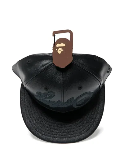 A Bathing Ape X New Era Leather Embroidered Baseball Cap In Black