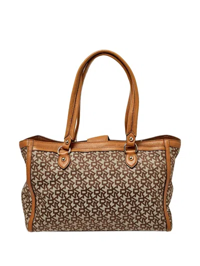 Pre-owned Dkny Vintage  Monogram Leather Tote Bag In Neutral