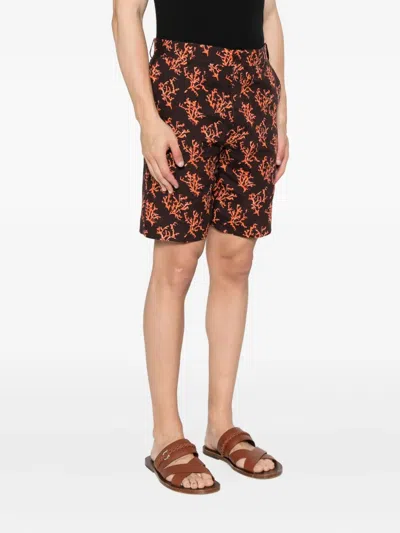 Fendi Coral-print Linen Shorts In Black