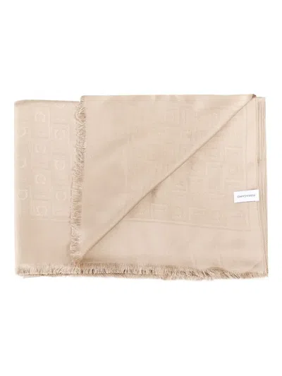 Ferragamo Monogram Jacquard Frayed-edge Scarf In Neutral
