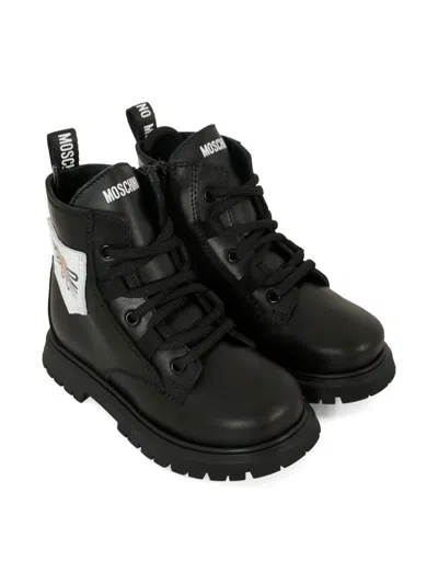 Moschino Teddy-patch Lace-up Boots In Black