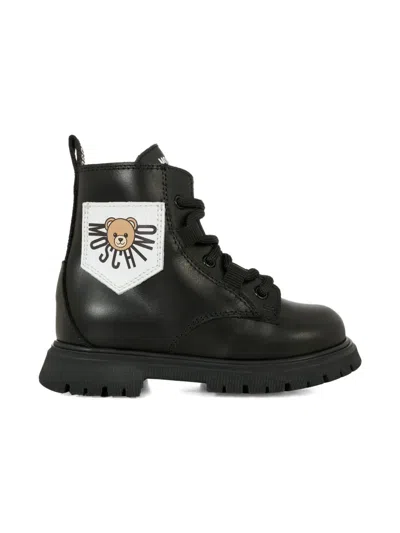 Moschino Teddy-patch Lace-up Boots In Black
