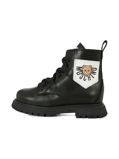 Moschino Teddy-patch Lace-up Boots In Black
