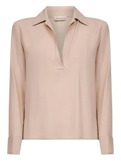 Blanca Vita V-neck Buttoned-cuff Top In Pink