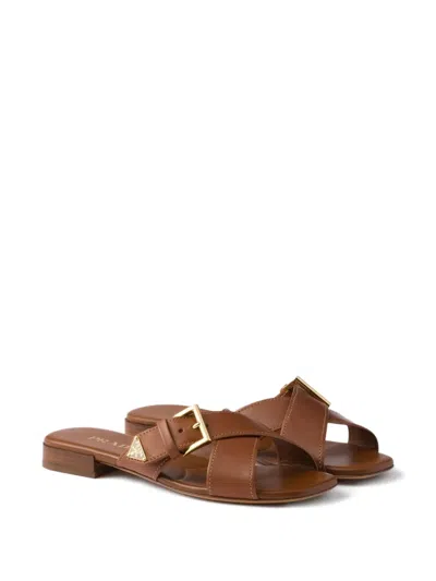 Prada Leather Crisscross Slides With Buckle