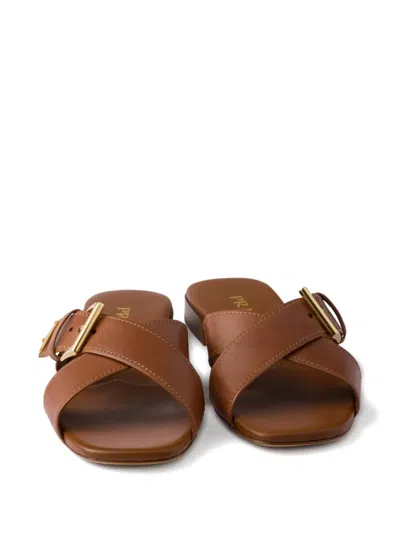 Prada Leather Crisscross Slides With Buckle