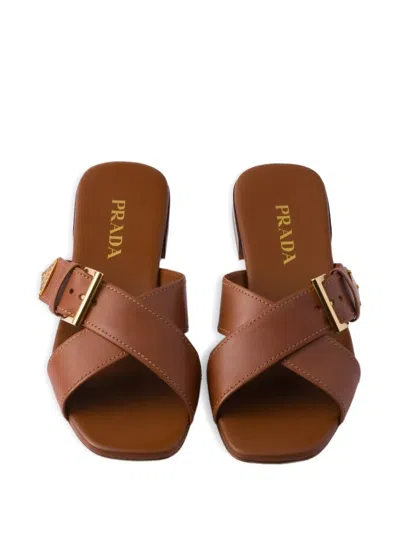 Prada Leather Crisscross Slides With Buckle