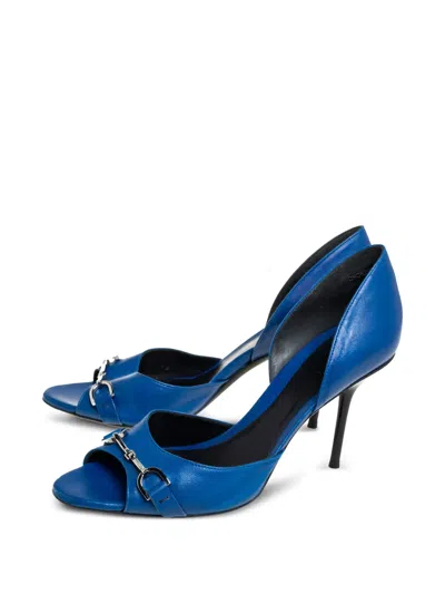 Pre-owned Gucci 95mm Horsebit Pumps In Blue