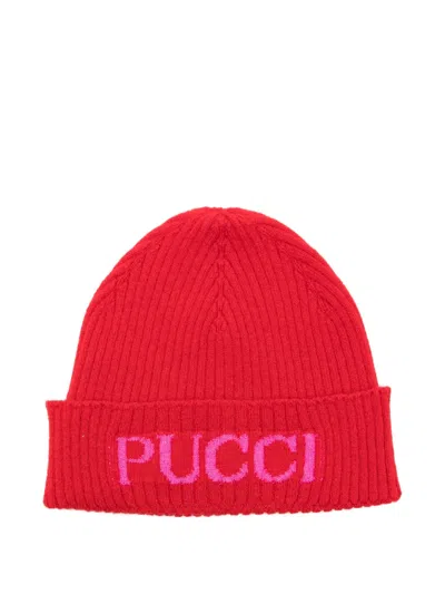 Pucci Junior Logo-intarsia Ribbed Beanie In Red