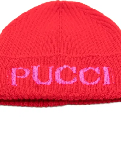 Pucci Junior Logo-intarsia Ribbed Beanie In Red