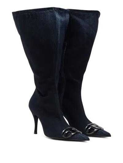 Diesel D-venus-wide Knee-high Boots In Denim In Blue