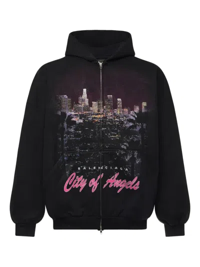 Balenciaga City Of Angels Outerwear Zip-up Hoodie In Black Faded In Black
