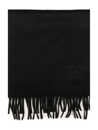 Max Mara Embroidered-logo Fringe Scarf In Black