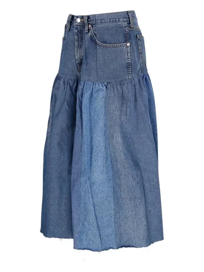 E.l.v Denim Harvard Ruffled Midi Denim Skirt In Blue