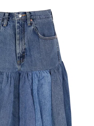 E.l.v Denim Harvard Ruffled Midi Denim Skirt In Blue