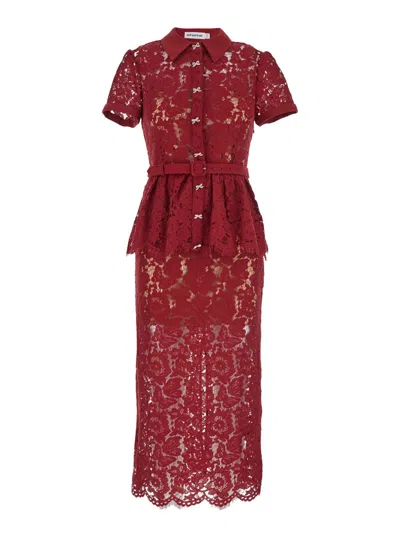 Self-portrait Bordeaux Lace Peplum Midi Dress In Burgundy