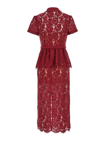 Self-portrait Bordeaux Lace Peplum Midi Dress In Burgundy