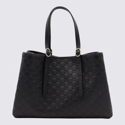 Gucci Black Leather Emblem Big Totes