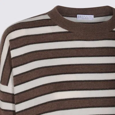 Brunello Cucinelli Crewneck Striped Knitwear Ribbed Cuffs In Brown