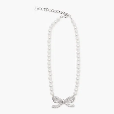 Self-portrait Lustrous Pearl Necklace With Bow-shaped Pendant In Metallic