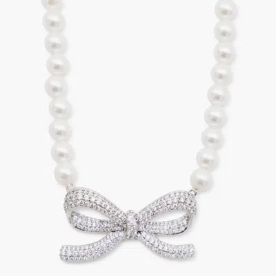 Self-portrait Lustrous Pearl Necklace With Bow-shaped Pendant In Metallic