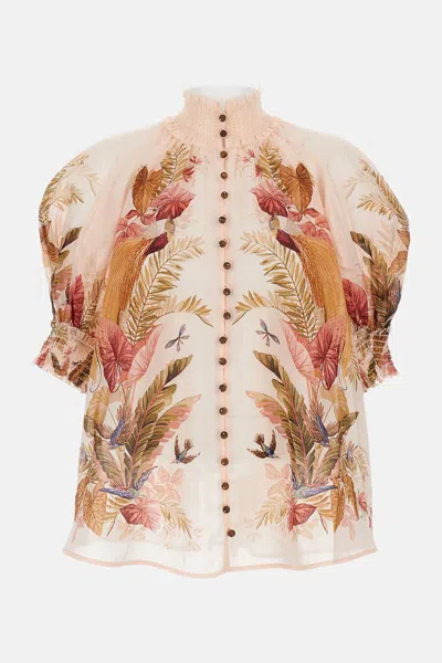 Zimmermann Ascension Embellished Shirred Floral-print Ramie Blouse