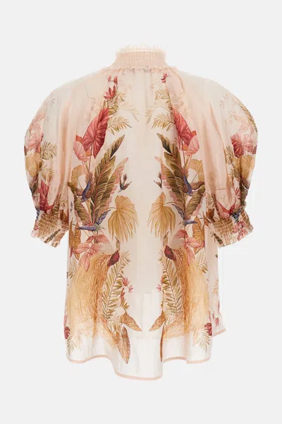 Zimmermann Ascension Embellished Shirred Floral-print Ramie Blouse
