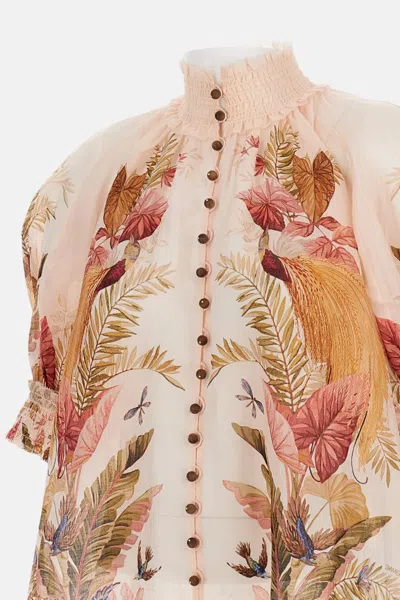 Zimmermann Ascension Embellished Shirred Floral-print Ramie Blouse