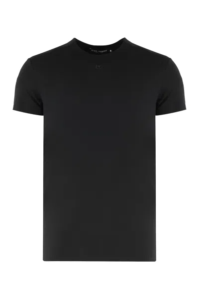 Dolce & Gabbana Black Crewneck T-shirt With Tonal Logo Lettering Embroidery On The Front In Cotton Stretch Man