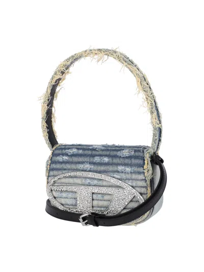 Diesel 1dr Denim Canvas Shoulder Bag With Crystal Appliques In Blue