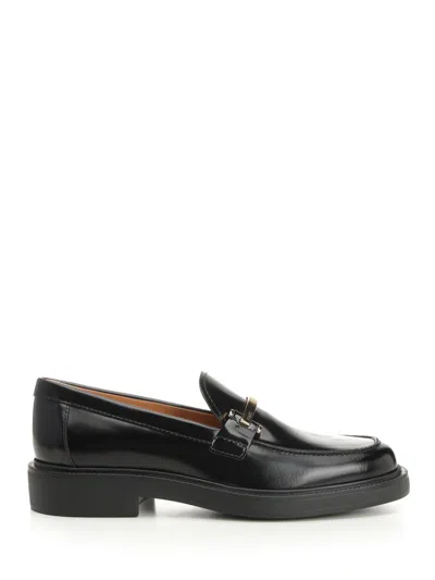 Tod's Leather Loafers With Metal Bar Shoes In Black
