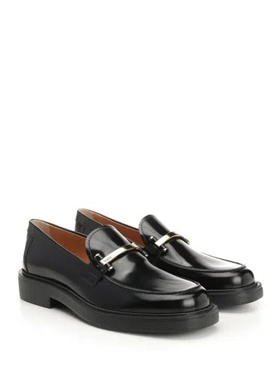 Tod's Leather Loafers With Metal Bar Shoes In Black