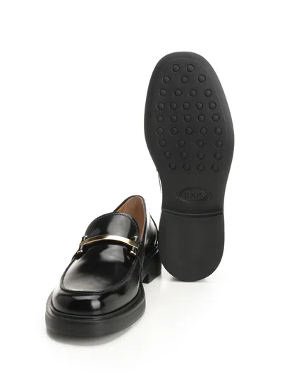 Tod's Leather Loafers With Metal Bar Shoes In Black