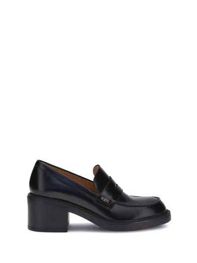 Tod's Leather Block Heel Loafers With Round Toe In Black