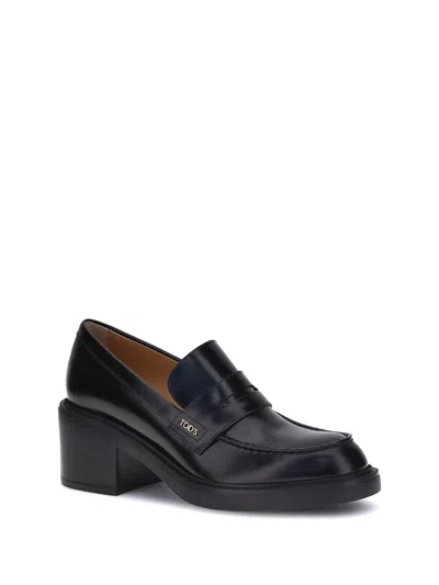 Tod's Leather Block Heel Loafers With Round Toe In Black