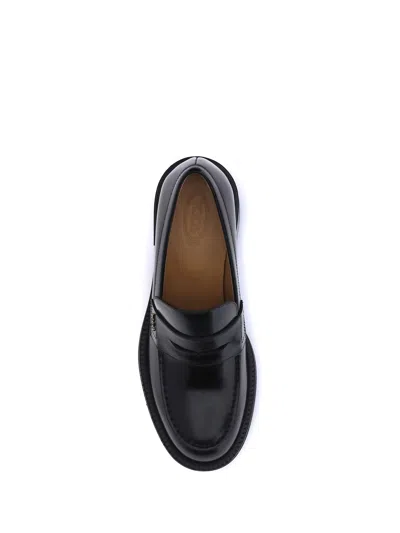 Tod's Leather Block Heel Loafers With Round Toe In Black