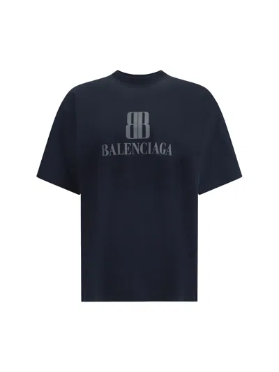 Balenciaga High-collar Black T-shirt With Logo Print In Blue