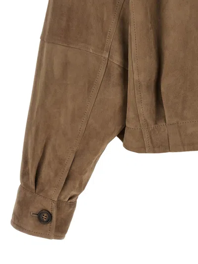 Brunello Cucinelli Cropped Bead-embellished Suede Jacket In Brown