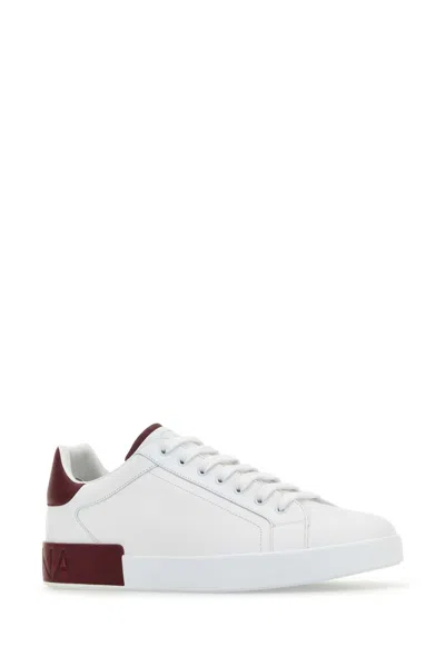 Dolce & Gabbana Portofino Leather Sneakers In White And Tan In White