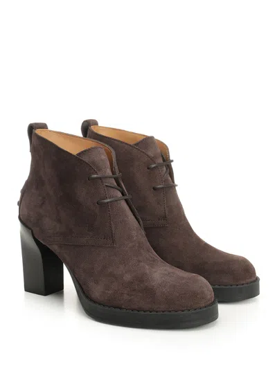 Tod's Brown Suede Ankle Boots With High Block Heel And Lace-up Front