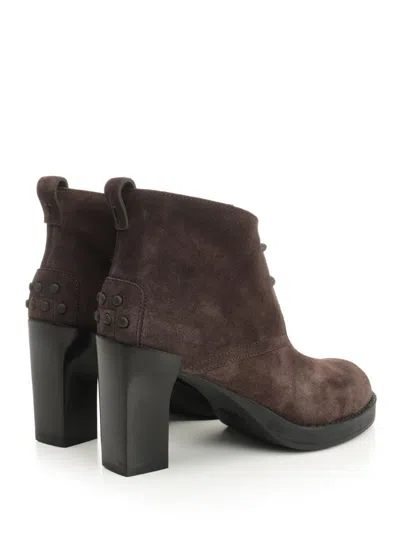 Tod's Brown Suede Ankle Boots With High Block Heel And Lace-up Front