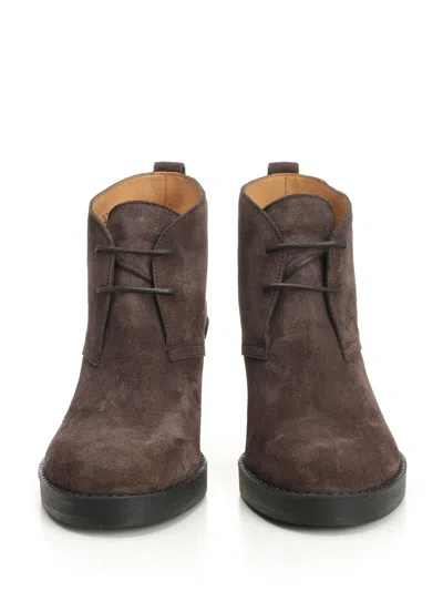 Tod's Brown Suede Ankle Boots With High Block Heel And Lace-up Front