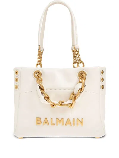 Balmain 1945 Cabas Tote Bag In Monogram Crinkled Leather In Neutral