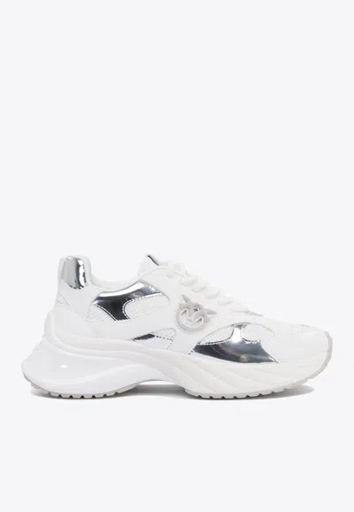Pinko Ariel 15 White Sneakers With Mirror Panels And Logo Patch On The Tongue In Tech Fabric Woman In White