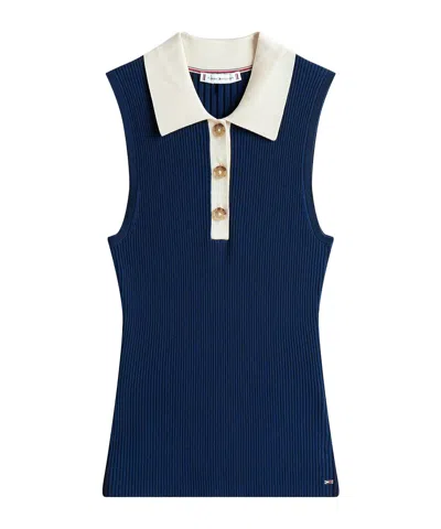 Tommy Hilfiger Mixed Knit Sleeveless Slim Polo Jumper In Blue