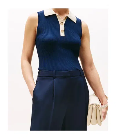 Tommy Hilfiger Mixed Knit Sleeveless Slim Polo Jumper In Blue