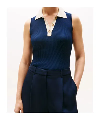 Tommy Hilfiger Mixed Knit Sleeveless Slim Polo Jumper In Blue