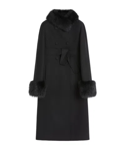 Valentino Faux Fur-trimmed Double-breasted Coat In Black