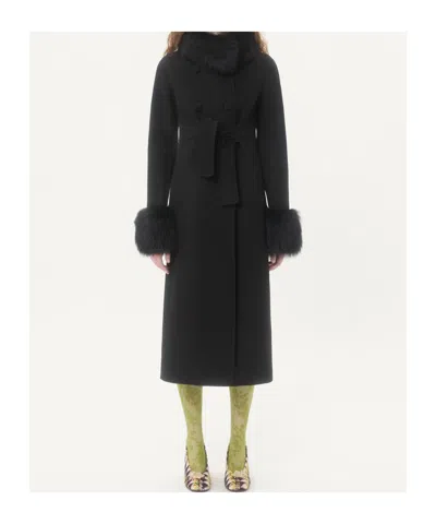 Valentino Faux Fur-trimmed Double-breasted Coat In Black