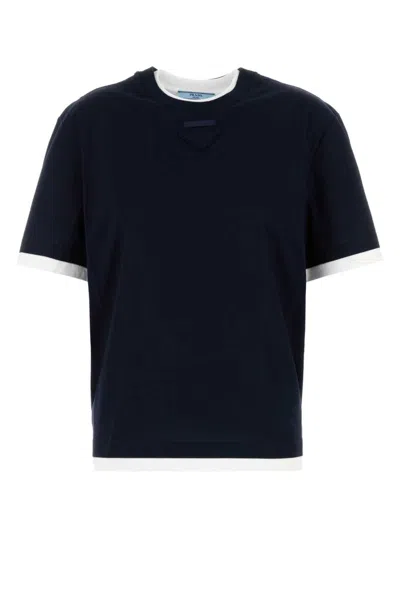 Prada Cotton T-shirt With Contrast Trim And Crew Neck In Blue